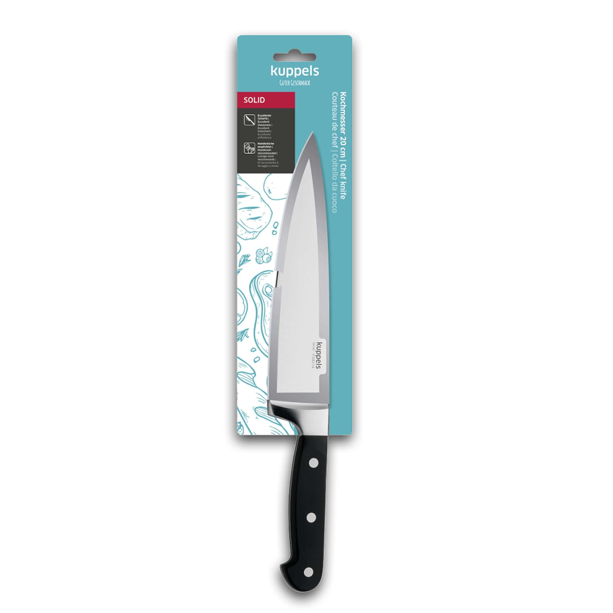 Kuppels SOLID Kochmesser in Verpackung, scharfes Küchenmesser mit stabilem Griff und scharfer Klinge für präzises Schneiden.