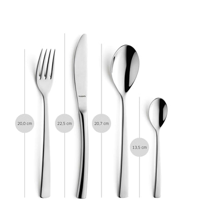 24-teiliges Kuppels SOUL Besteckset mit Messer, Gabel, Löffel auf weißem Hintergrund, hochwertiges Edelstahl, elegantes Design