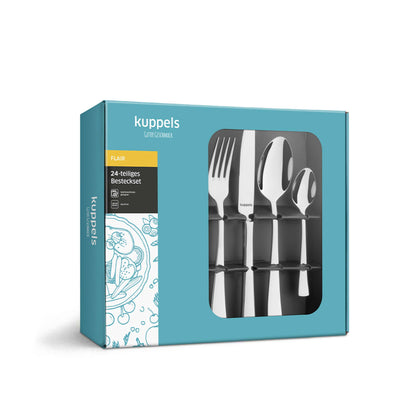 Elegantes 24-teiliges Kuppels Besteckset aus Edelstahl mit Messer, Gabel, Löffel für die komplette Tafel.