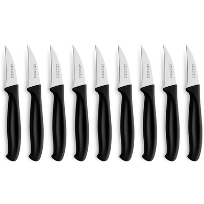 Küchenmesser Set von Kuppels, 9-teilig, mit verschiedenen Schälmessern und Küchenmessern, auf einer Küchenarbeitsplatte gelegen
