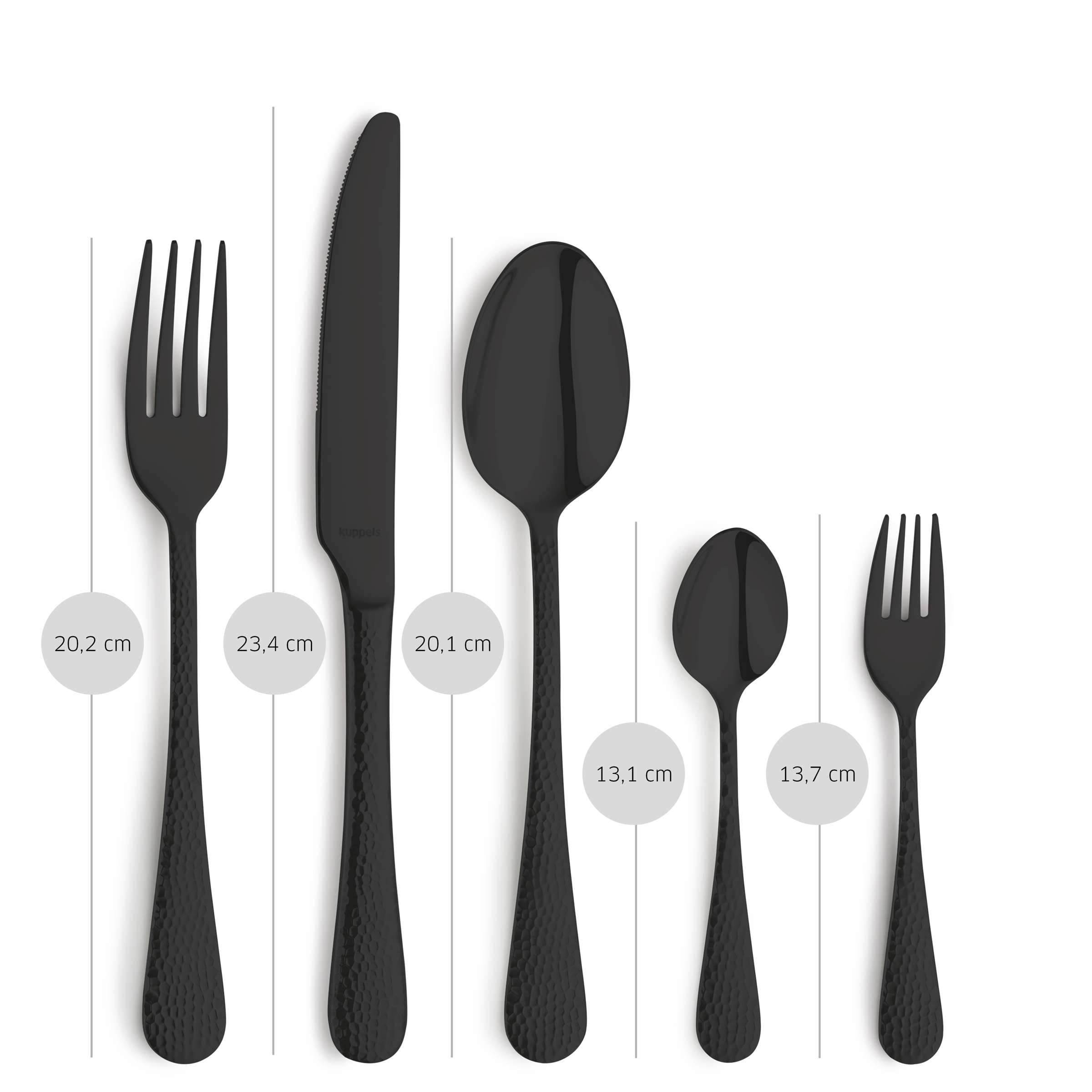 Schwarzes CRYSTAL Besteckset 30-teilig von Kuppels Home, Edelstahl mit PVD-Beschichtung, elegante Besteckteile auf weißem Hintergrund