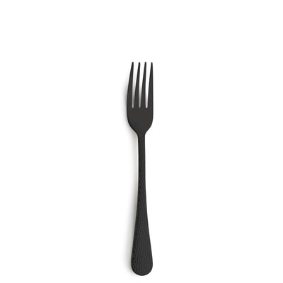 Schwarzes CRYSTAL Besteckset 30-teilig aus Edelstahl mit PVD-Beschichtung von Kuppels Home, Gabel und Messer nebeneinander.