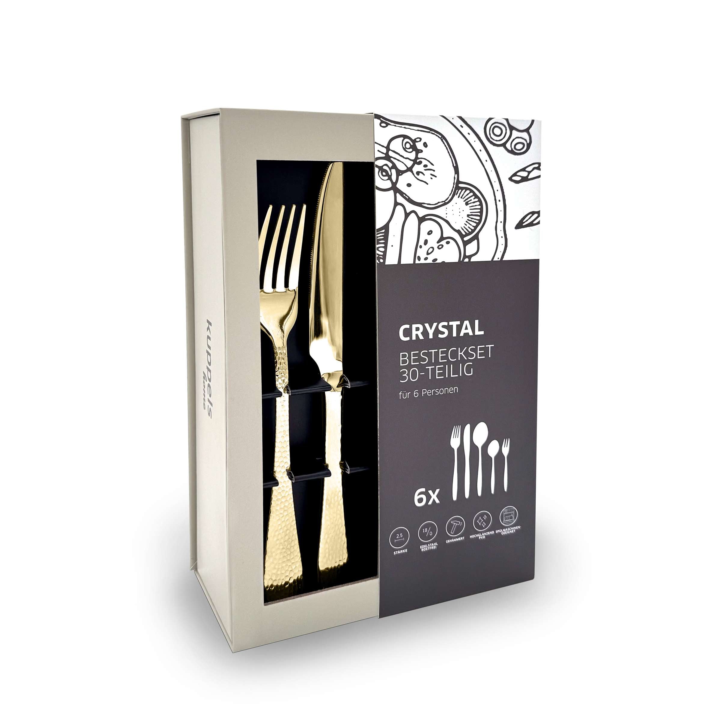 Champagnerfarbenes CRYSTAL Besteckset 30-teilig von Kuppels Home, elegante Verpackung, hochwertiges Cutlery Set in edlem Design