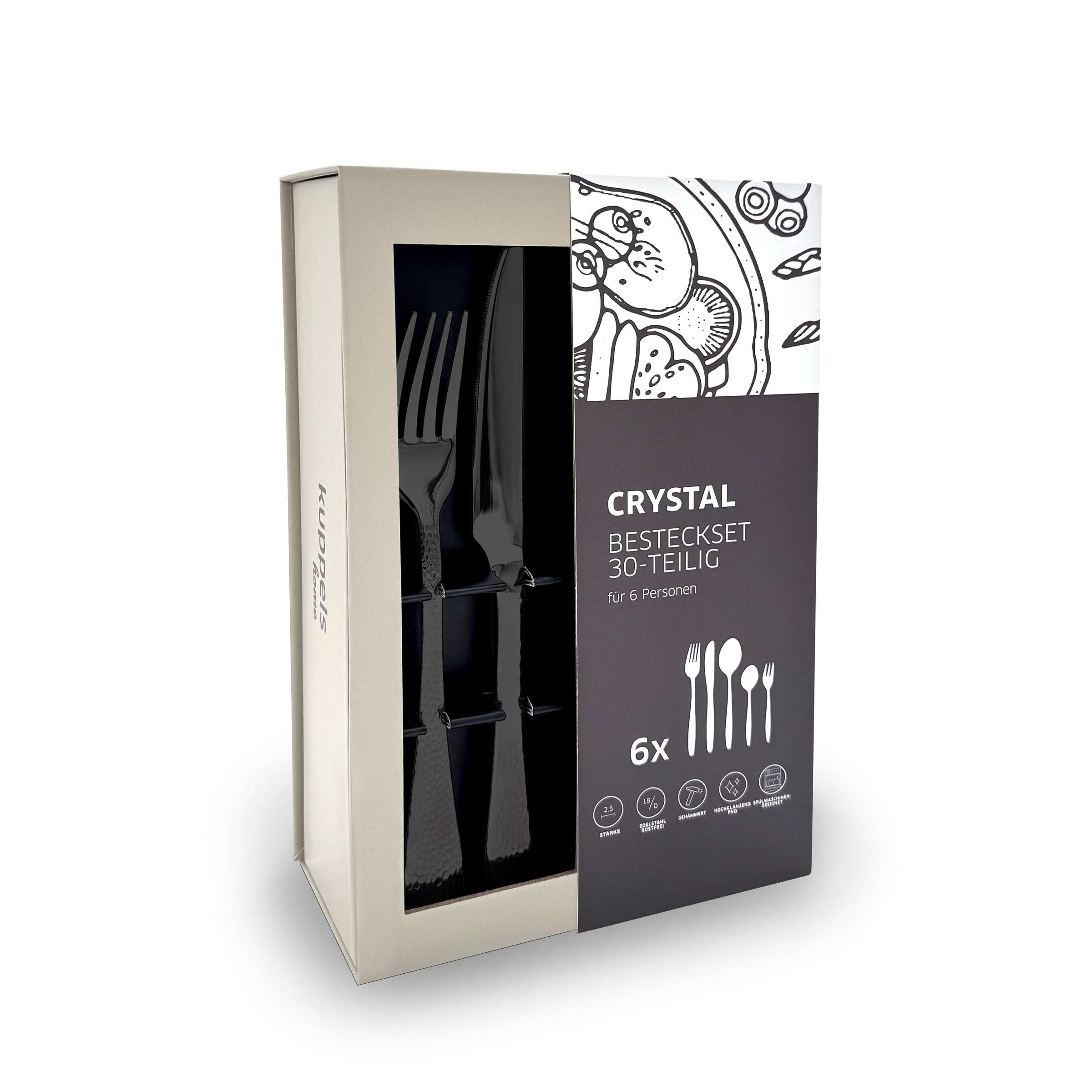 30-teiliges CRYSTAL Besteckset von Kuppels Home in schwarzem PVD-Finish, elegant verpackt, für stilvolles Esszimmer.