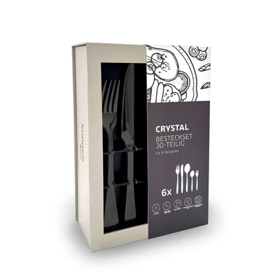 30-teiliges CRYSTAL Besteckset von Kuppels Home in schwarzem PVD-Finish, elegant verpackt, für stilvolles Esszimmer.