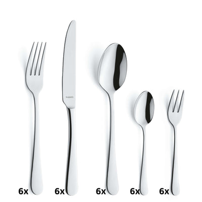 Ein 30-teiliges Kuppels Home Besteckset mit Messer, Gabel, Löffel aus Edelstahl, ordentlich auf einem Tisch.