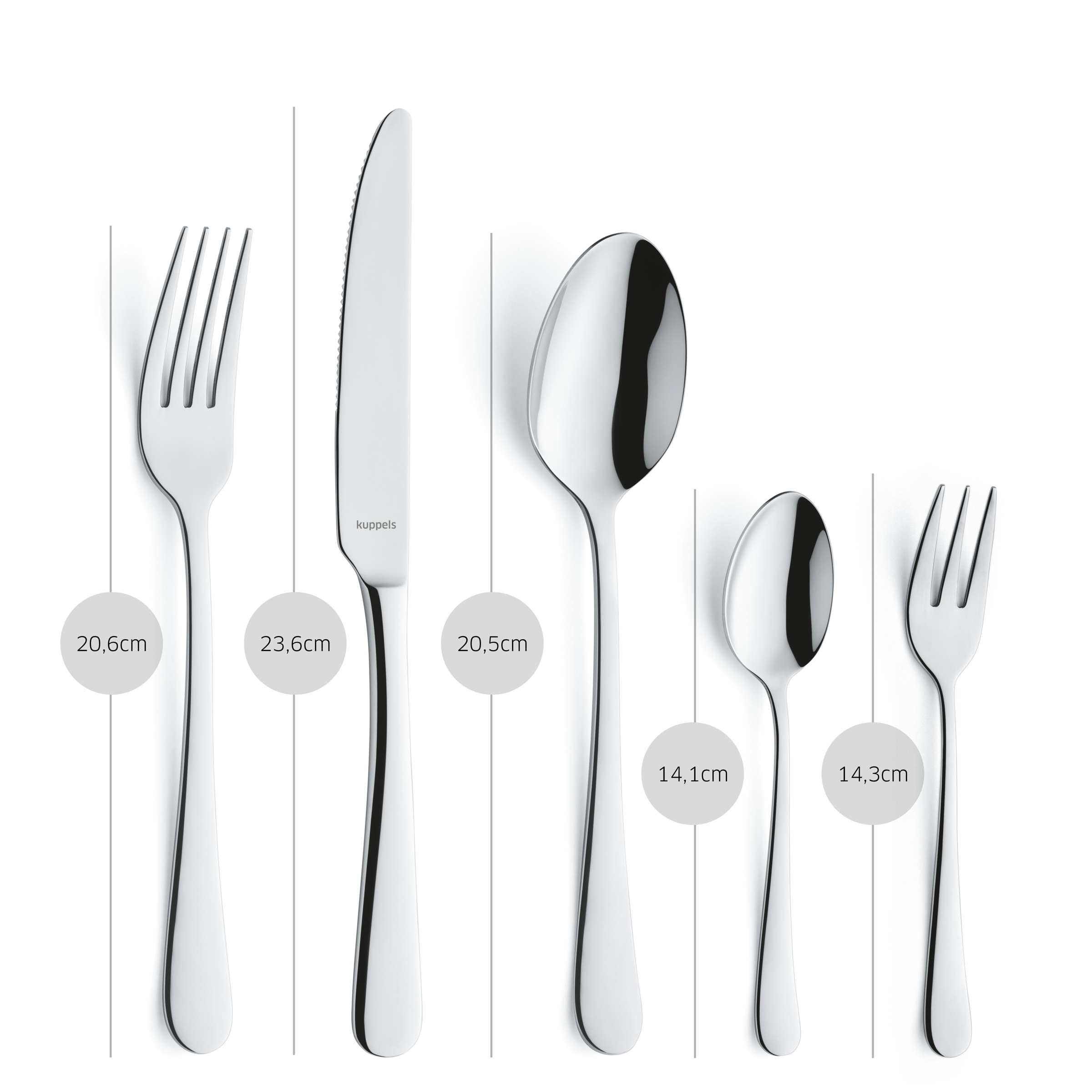 Elegantes 30-teiliges Kuppels Home Besteckset DELIA mit Messer, Gabel, Löffel aus Edelstahl, auf weißem Hintergrund.