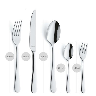 Elegantes 30-teiliges Kuppels Home Besteckset DELIA mit Messer, Gabel, Löffel aus Edelstahl, auf weißem Hintergrund.