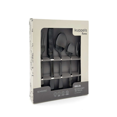 Schwarzes DELIA Besteckset 30-teilig von Kuppels Home, elegante Messer, Gabeln, Löffel auf Verpackung.