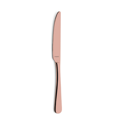 30-teiliges DELIA Besteckset von Kuppels Home aus PVD rosé, Messer, Gabeln und Löffel auf einem weißen Tisch.