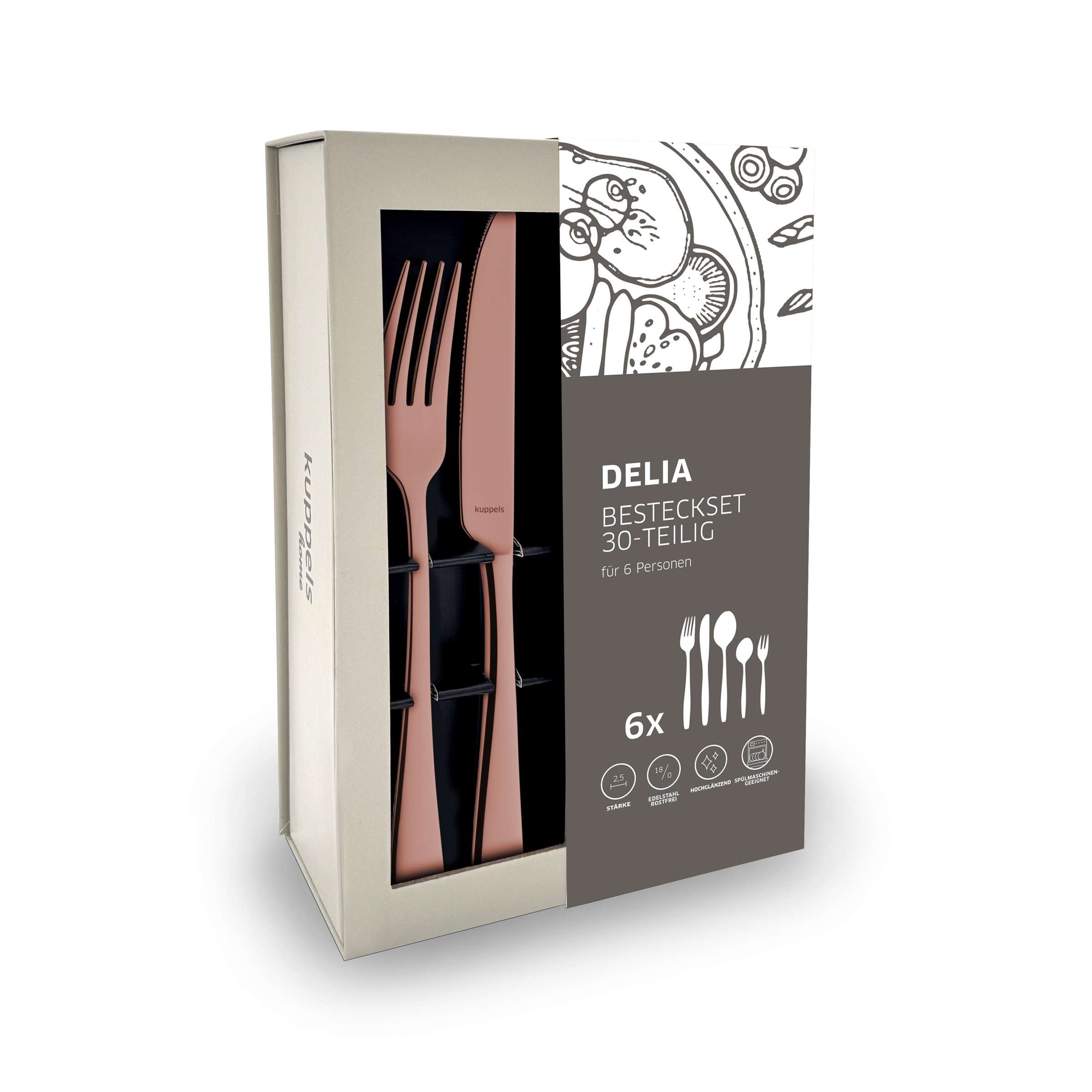 Delia Besteckset 30-teilig von Kuppels Home mit PVD-rosé Finish, zeigt das elegante Besteck in Verpackung