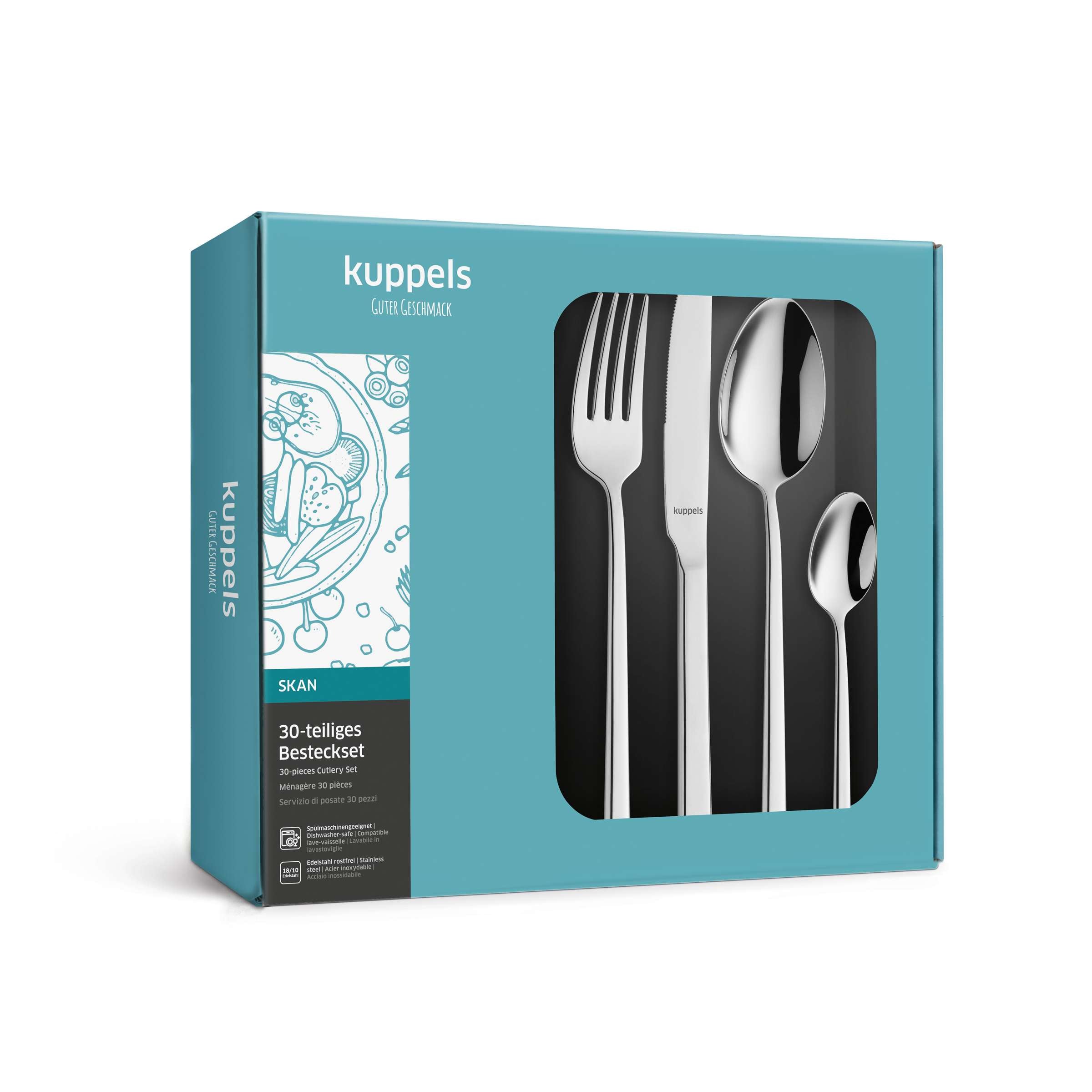 Kuppels SKAN Besteckset 30-teilig, Edelstahl, Messer, Gabel, Löffel in Verpackung, elegantes Besteck für den Alltag