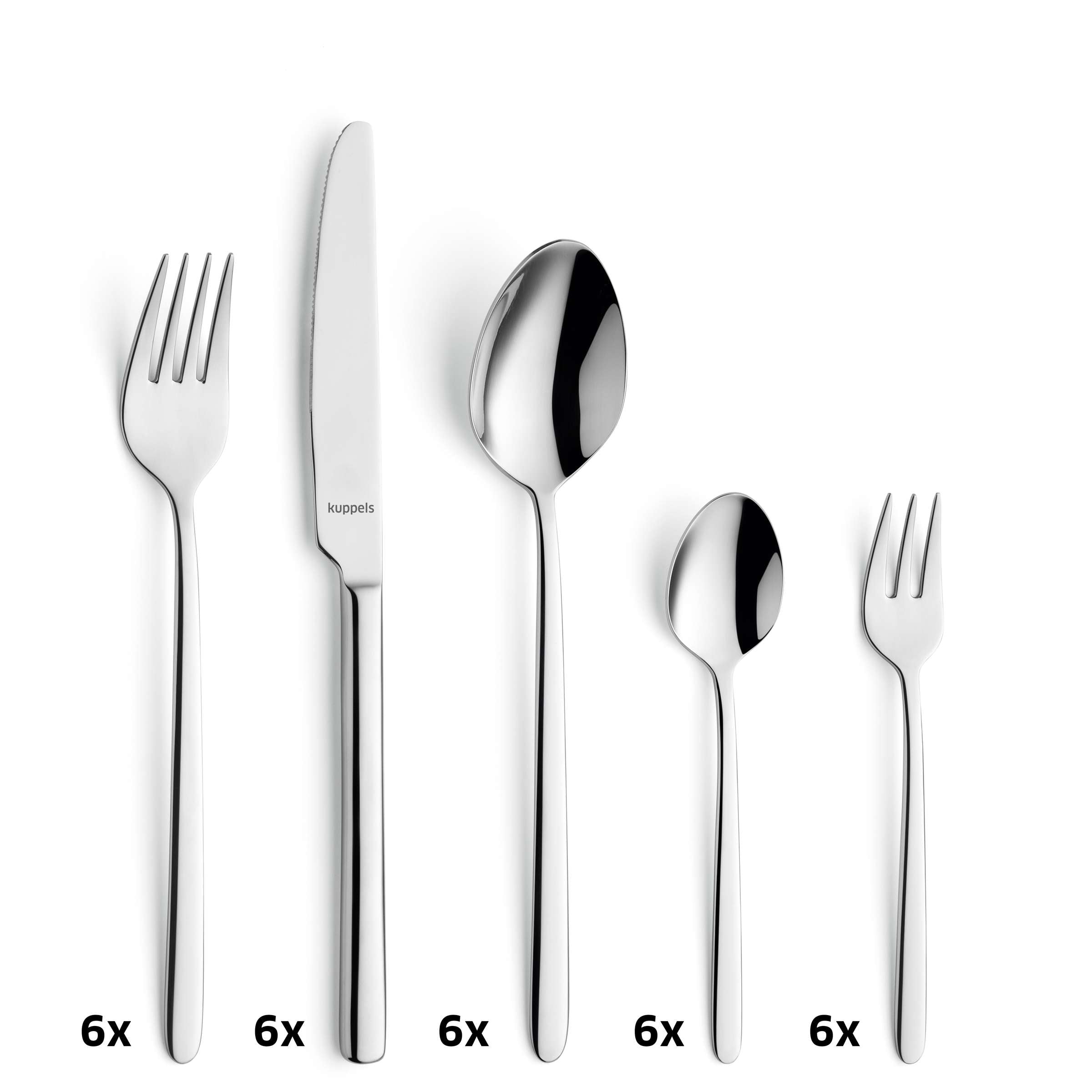 Kuppels CUTE Besteckset 30-teilig mit Messer, Gabel, Löffel und Teelöffel aus Edelstahl, stilvoll auf weißem Hintergrund.