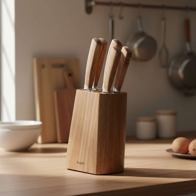 Kuppels WOOD Messerblock, 5-teilig, aus Holz mit platzsparendem Design und scharfen Messern, auf hellen Küchenarbeitsplatte.