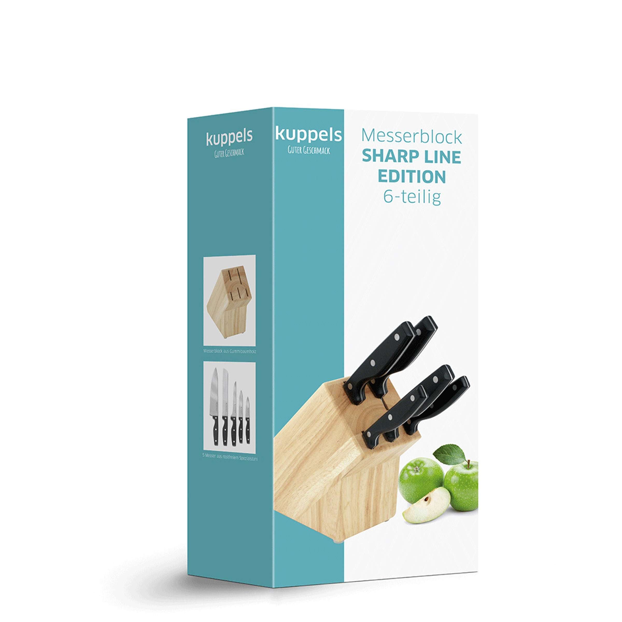 Kuppels Sharp Line Edition Messerblock mit fünf Messern, aus Holz gefertigt, zeigt die Messer im Messerblock auf einer Küchenarbeitsplatte
