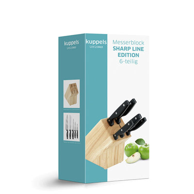 Kuppels Sharp Line Edition Messerblock mit fünf Messern, aus Holz gefertigt, zeigt die Messer im Messerblock auf einer Küchenarbeitsplatte