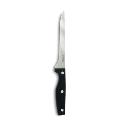 Kuppels Sharp Line Edition Messerblock mit fünf Messern, Holzblock mit scharfen Küchenmessern, auf weiße Oberfläche gelegt