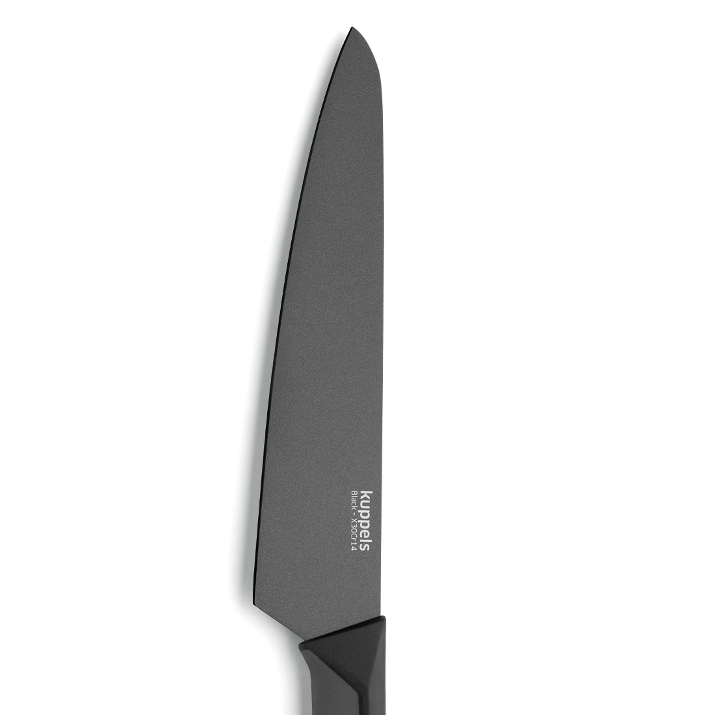 Schwarzes Kochmesser von Kuppels, Küchenmesser mit scharfer Klinge, auf weißem Hintergrund fotografiert.