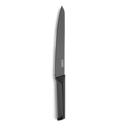 Schwarzes Fleischmesser von Kuppels, Küchenmesser mit scharfer Klinge zum Schneiden von Fleisch, auf weißem Hintergrund.