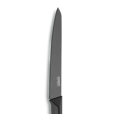 Schwarzes Fleischmesser von Kuppels, Küchenmesser mit scharfer Klinge für präzises Schneiden, auf weißem Hintergrund fotografiert