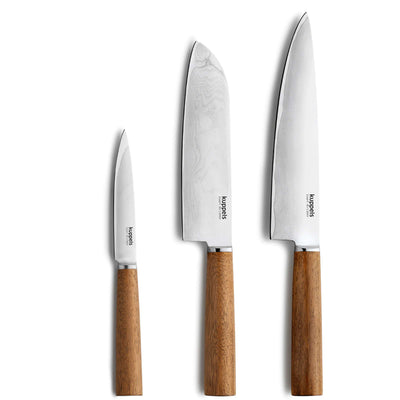 Kuppels EXPERT Messerset, 3-teilig, Küchenmesser mit Edelstahlklingen und ergonomischen Griffen, auf weißem Hintergrund.