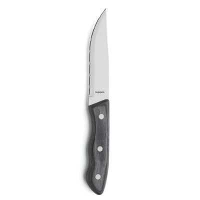 Drei schwarze Steakmesser im Kuppels Steakmesserset, scharfe Klingen und ergonomische Griffe, für sauberes Schneiden von Fleisch.