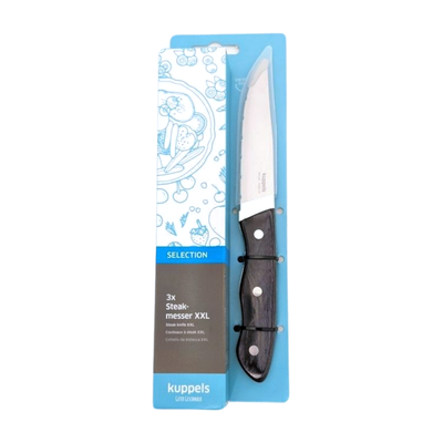 Drei schwarze Steakmesser im Kuppels Messer-Set, hochwertige Edelstahlklingen und ergonomische Griffe, ideal für Steakgenuss.