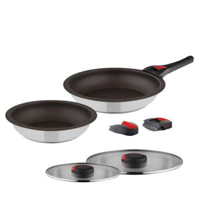 Kuppels QUICK CLACK PRO Pfannenset, 7-teilig, verschiedene Pfannen mit antihaftbeschichteten Oberflächen und Edelstahlgriffen.