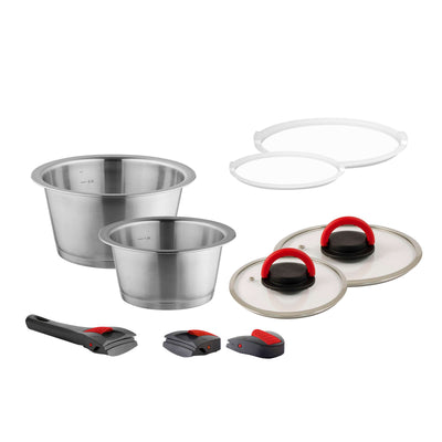 Kuppels QUICK CLACK PRO Topf-Set, 9-teilig, Edelstahlpfannen und Kochtöpfe auf Kochplatte, Küchenutensilien, modernes Design