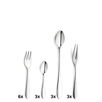 Kuppels TRIVO Besteckset 45-teilig mit Messer, Gabel, Löffel aus Edelstahl, modernem Design, auf weißem Hintergrund.
