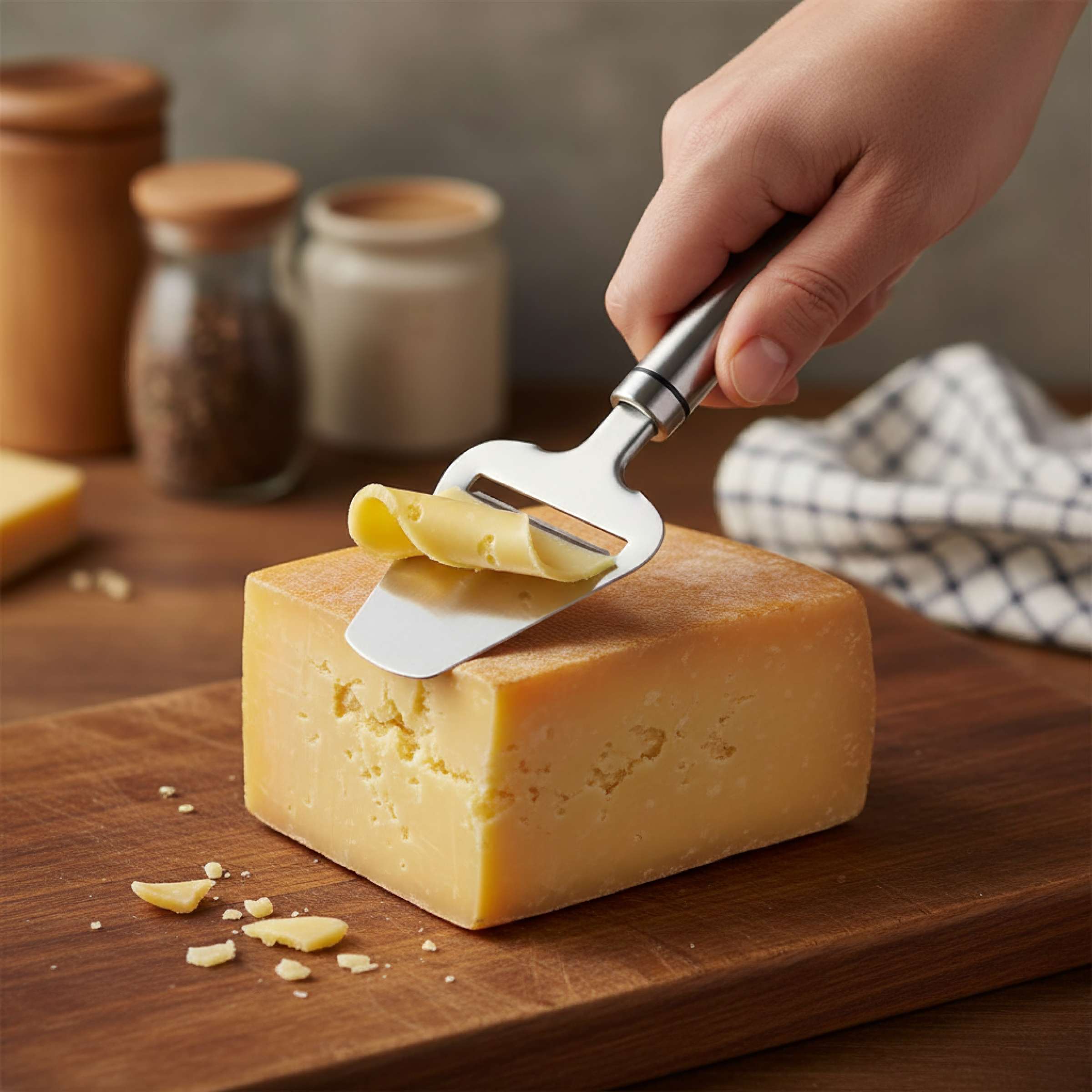 Mattierter Käsehobel von Kuppels, elegantes Küchenbesteck zum Schneiden von Käse, auf heller Oberfläche liegend