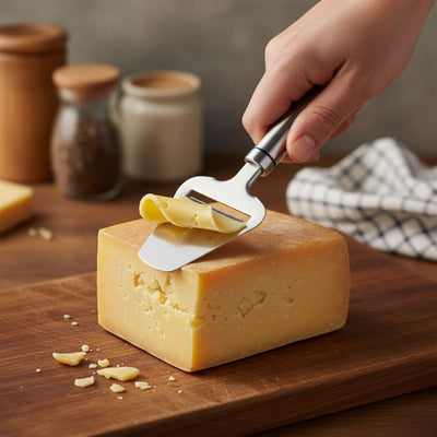 Mattierter Käsehobel von Kuppels, elegantes Küchenbesteck zum Schneiden von Käse, auf heller Oberfläche liegend