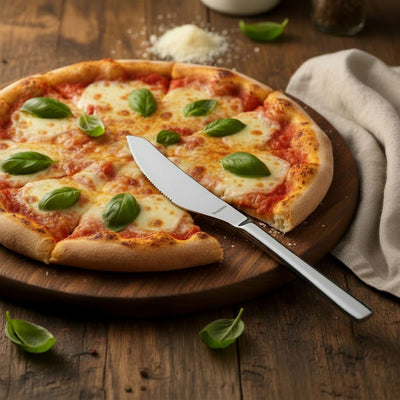 Kuppels Pizzamesserset mit zwei Messern, Edelstahl, perfekt für Pizza schneiden, auf Holzplatte gelegt, modernes Küchenutensil