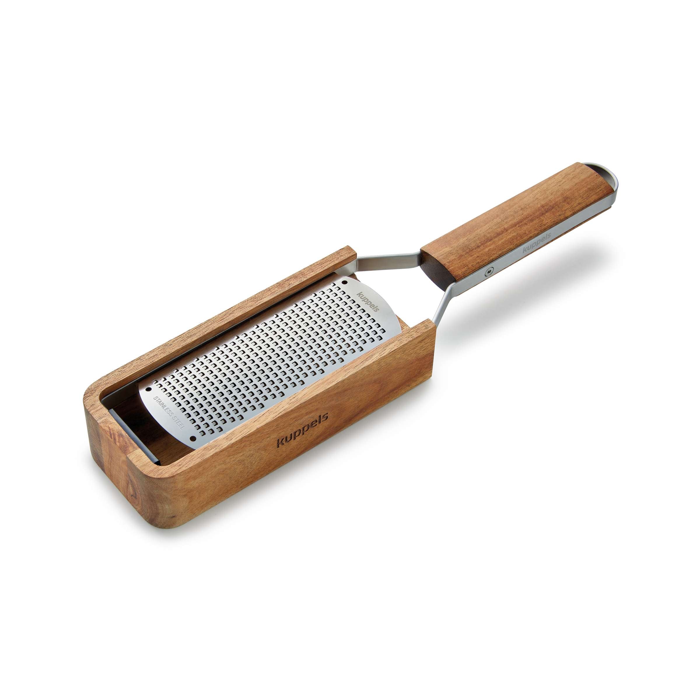 Feine GRANO Handreibe von Kuppels mit Holzcontainer, geeignet für Gewürze und Kräuter, aus Edelstahl und Holz gefertigt