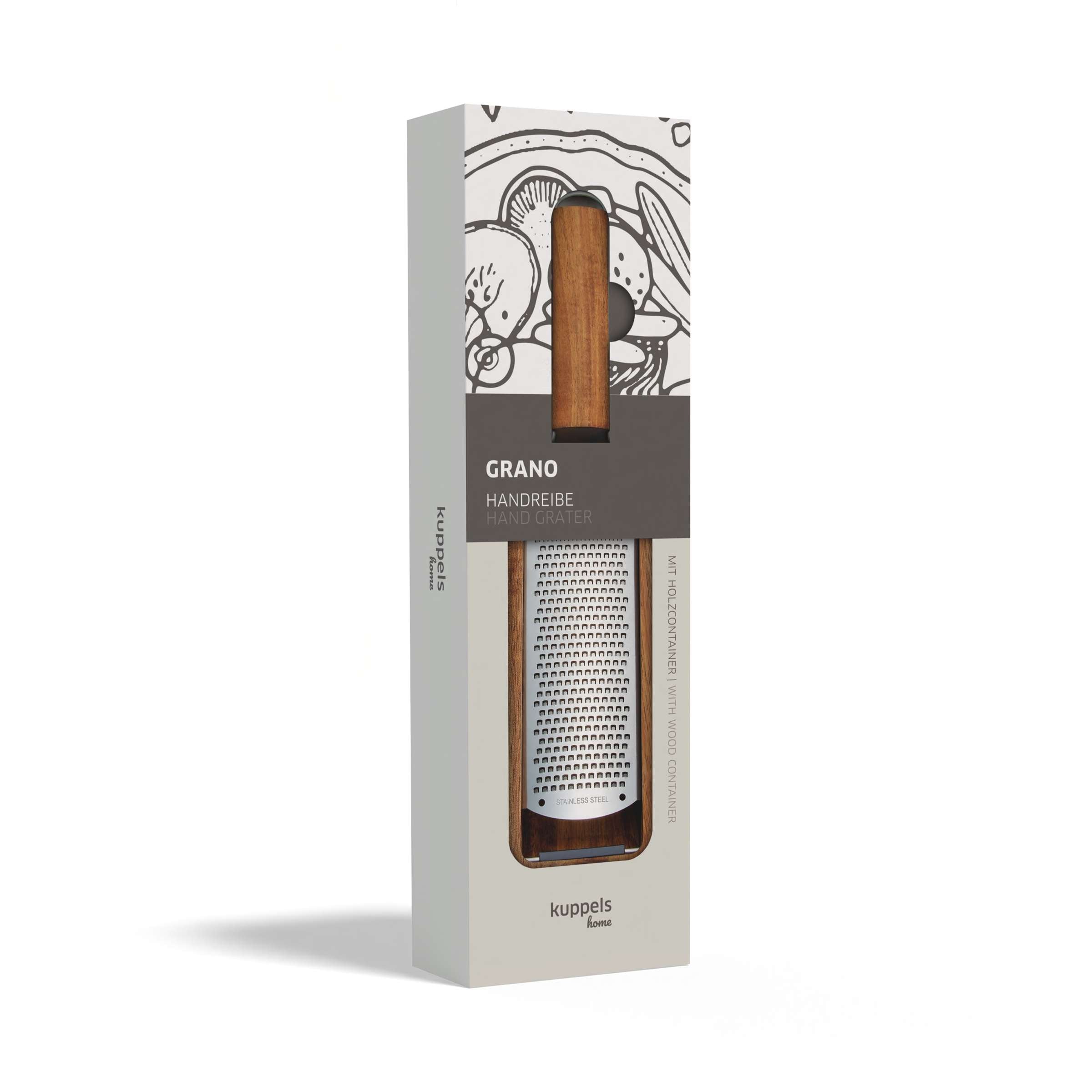Feine GRANO Handreibe von Kuppels mit Holzcontainer, Zubehör für Gewürze und Küchenutensilien, Nahaufnahme.
