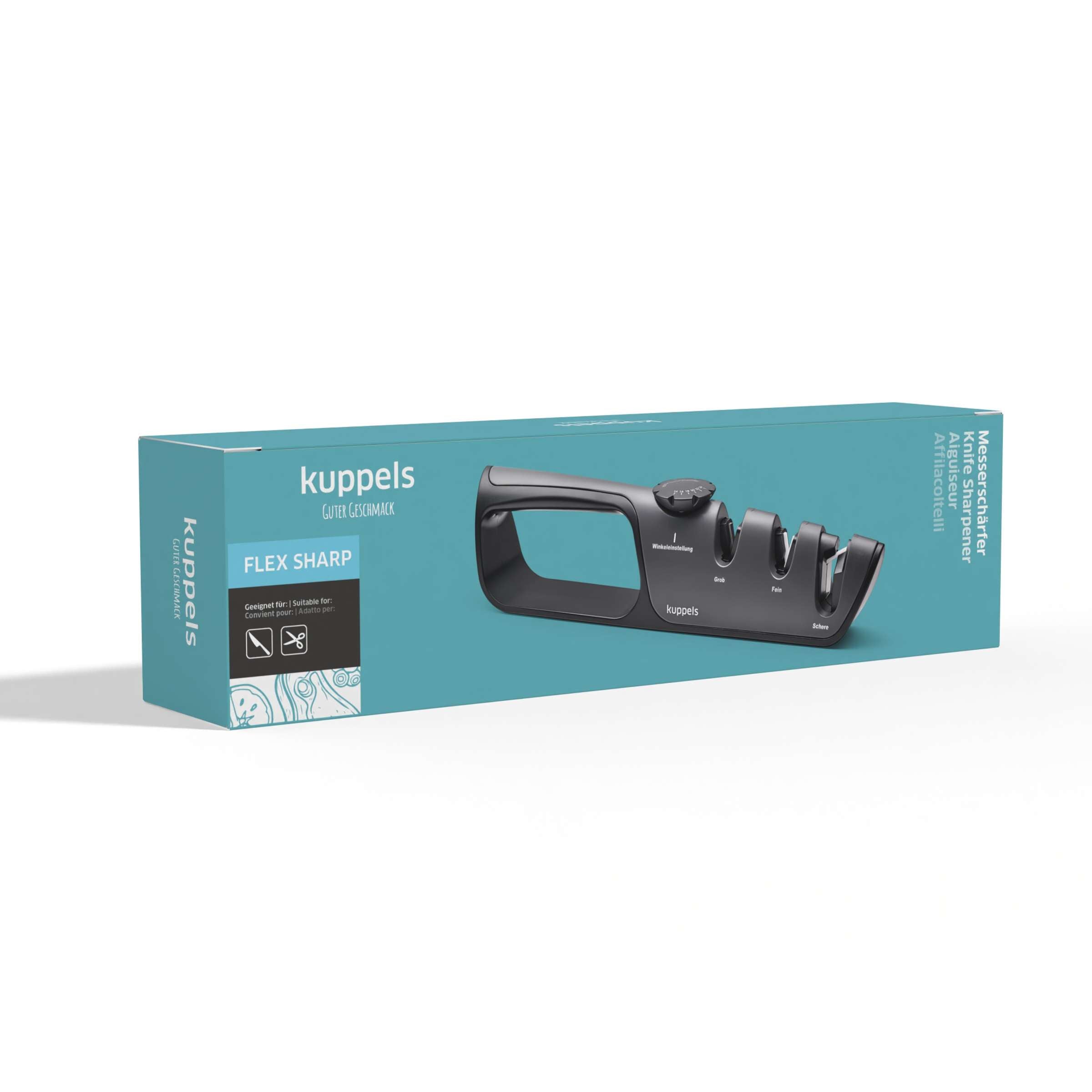 Kuppels FLEX SHARP Messerschärfer als Küchenaccessoire mit ergonomischem Griff und scharfen Schleifsteinen.