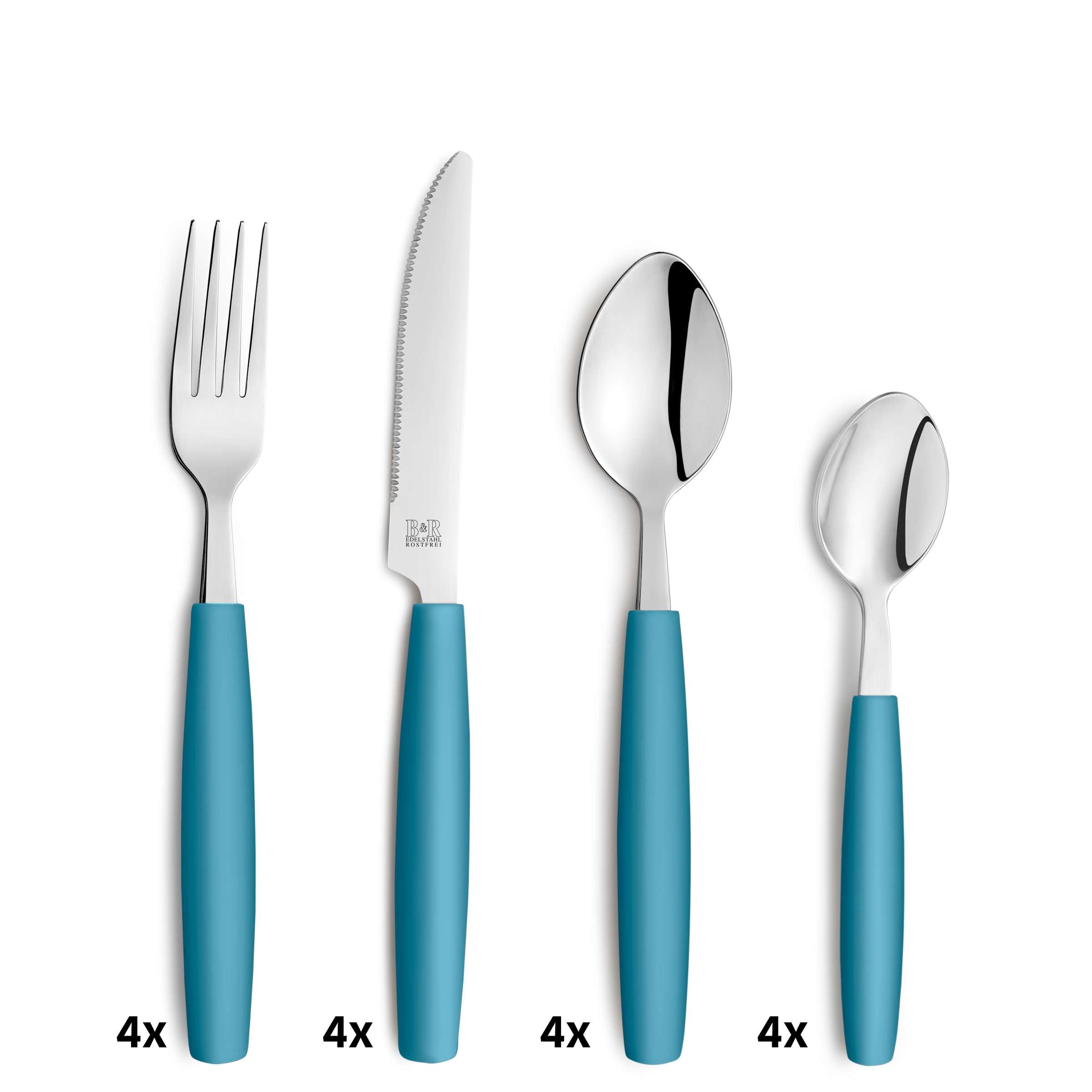 16-teiliges VALOA Besteckset von Amefa in petrolfarben, Messer, Gabeln, Löffel und Teelöffel aus Edelstahl, elegant und modernes Design