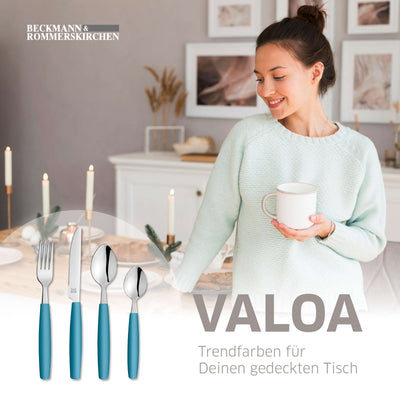 Amefa VALOA Besteckset 16-teilig in Petrol, Edelstahl mit Messer, Gabel, Löffel, auf weißem Hintergrund.