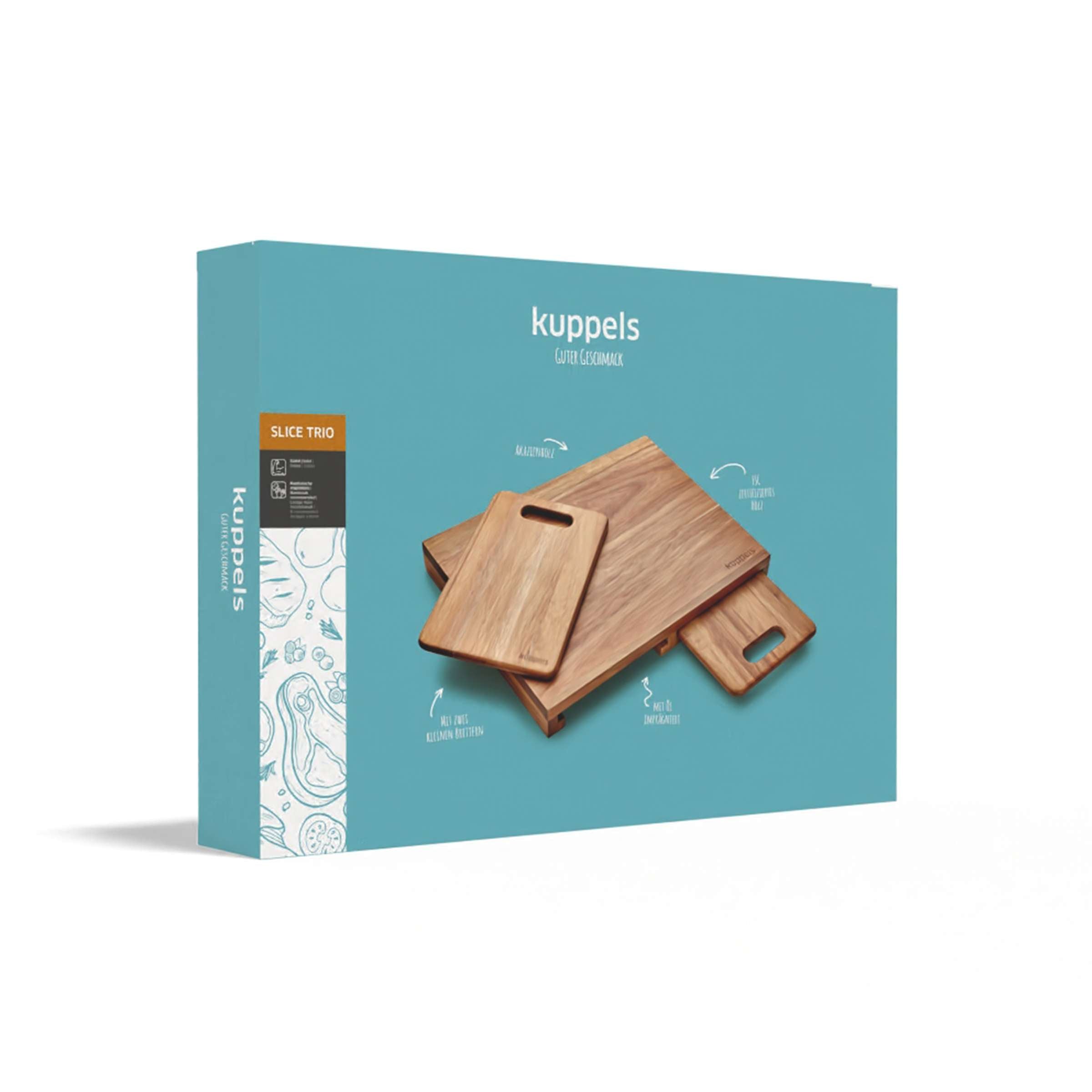 Dreisatz Schneidebrett von Kuppels, aus Holz gefertigt, mit glatter Oberfläche und Griffen, ideal für die Küche.