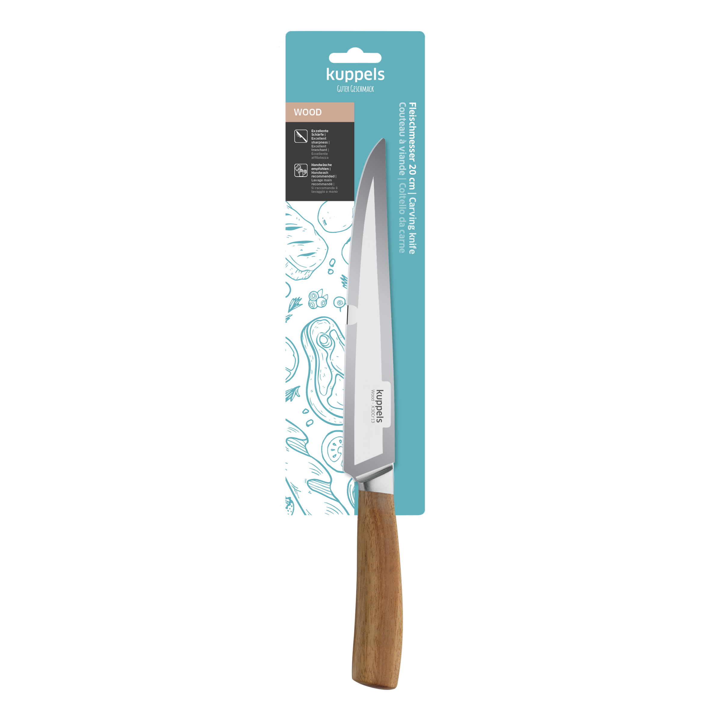 Kuppels Wood Tranchiermesser, Küchenmesser für Fleisch, scharfes Küchenwerkzeug mit Holzgriff, Nahaufnahme