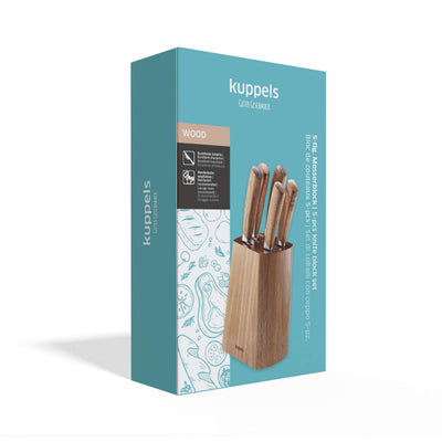 Holz Messerblock von Kuppels mit fünf Fächern zum sicheren Aufbewahren von Küchenmessern, auf Verpackung abgebildet