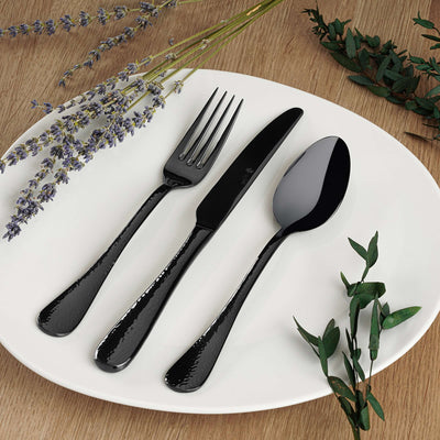Schwarz lackiertes 24-teiliges Paul Wirths Besteckset aus Edelstahl, modernes Design, inklusive Messer, Gabel, Löffel, in Bildaufnahme