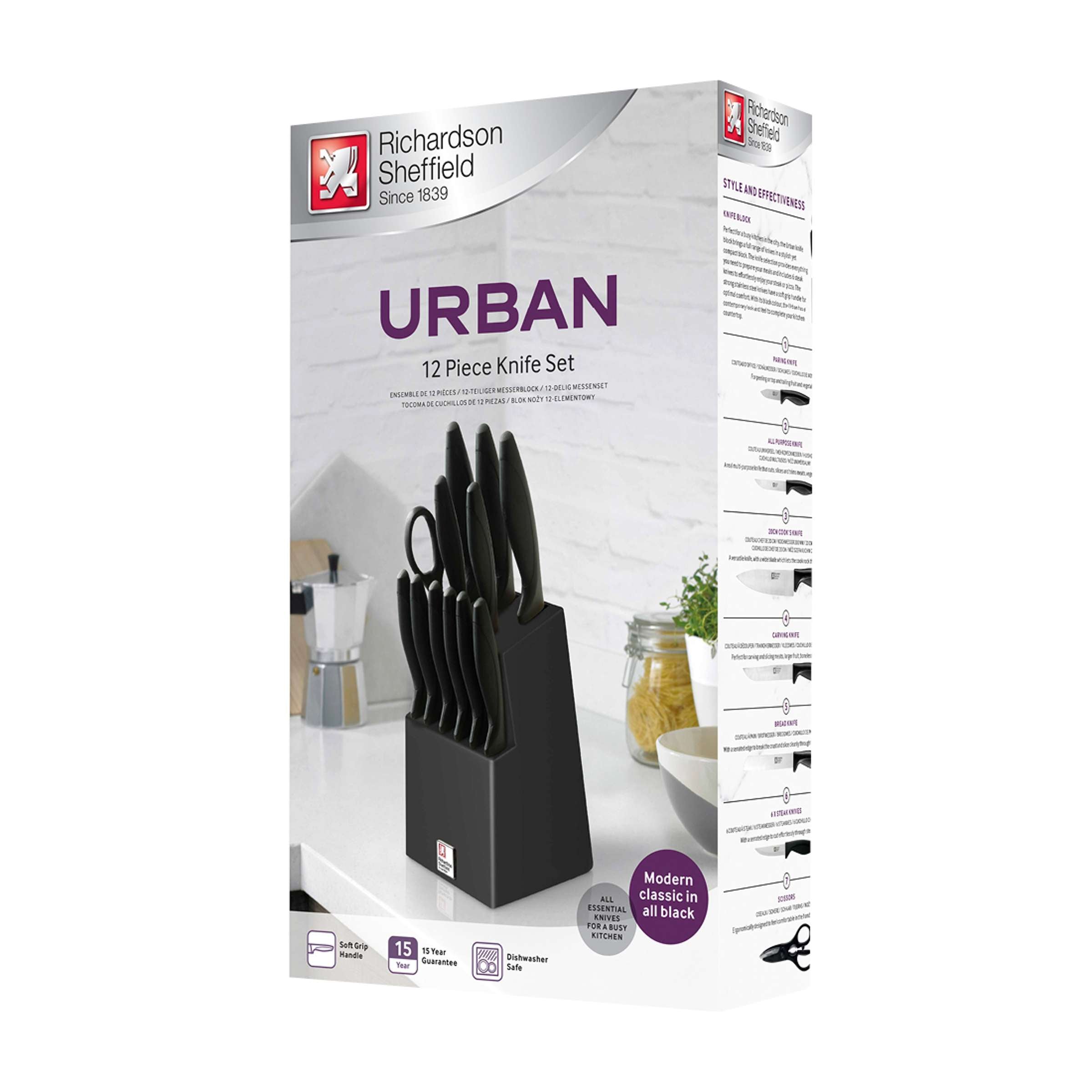 Richardson Sheffield URBAN Messerblock, 12-teilig, mit Edelstahlmessern im Verpackungsbild.