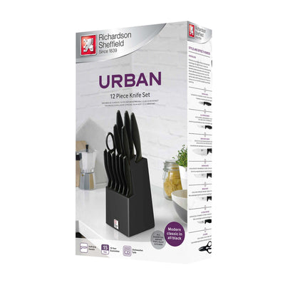 Richardson Sheffield URBAN Messerblock, 12-teilig, mit Edelstahlmessern im Verpackungsbild.
