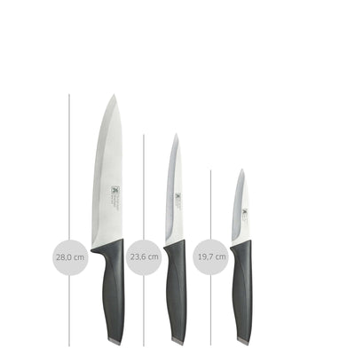 Dreiteiliges Küchenmesser-Set von Richardson Sheffield mit scharfen Messern und ergonomischen Griffen auf weißem Hintergrund.