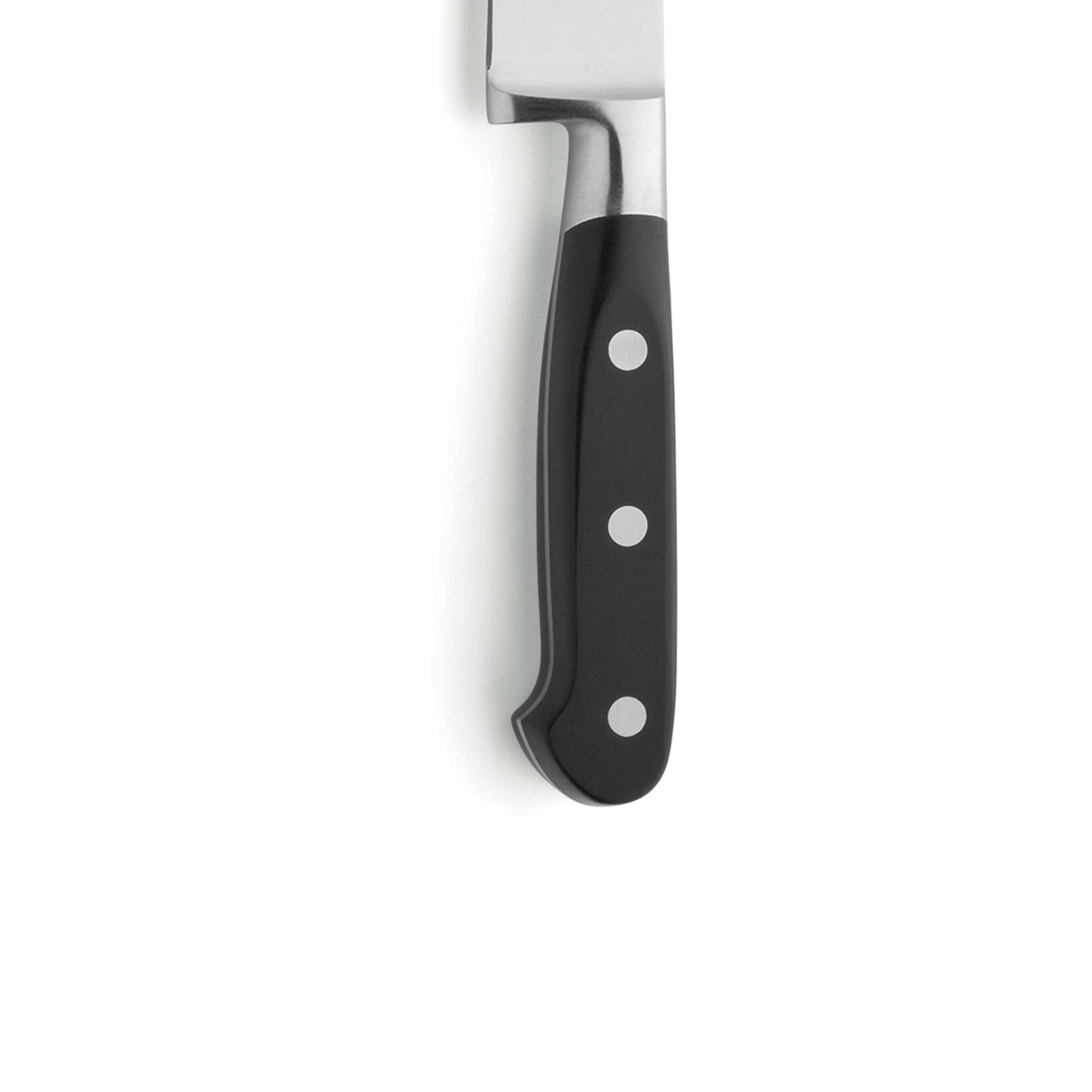 Schneide das Richardson Sheffield V Sabatier Kochmesser mit scharfer Klinge aus rostfreiem Stahl, auf einem Schneidebrett liegend