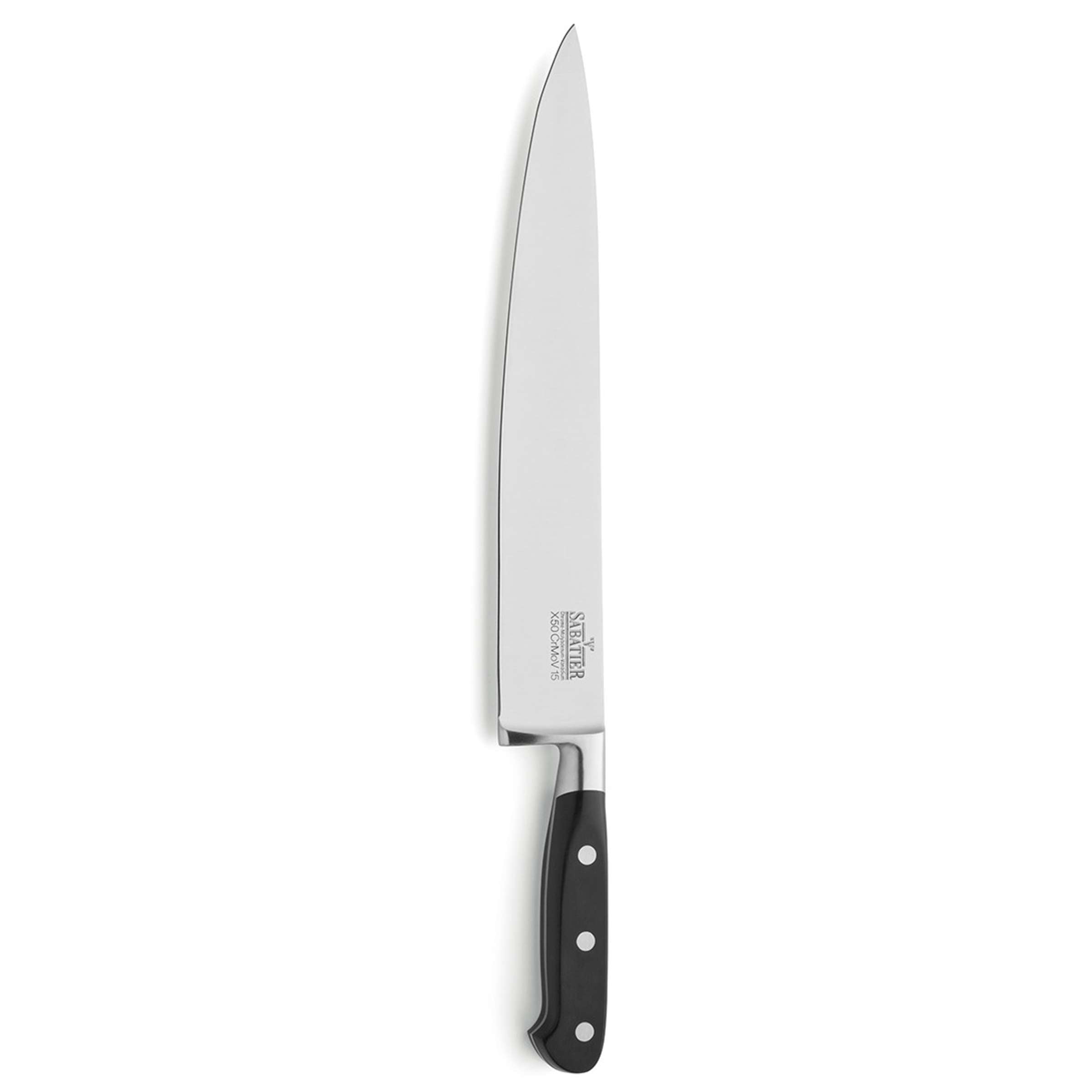 Schlankes Richardson Sheffield V Sabatier Kochmesser mit schwarzem Griff und scharfer Klinge, ideal für präzises Schneiden in der Küche.
