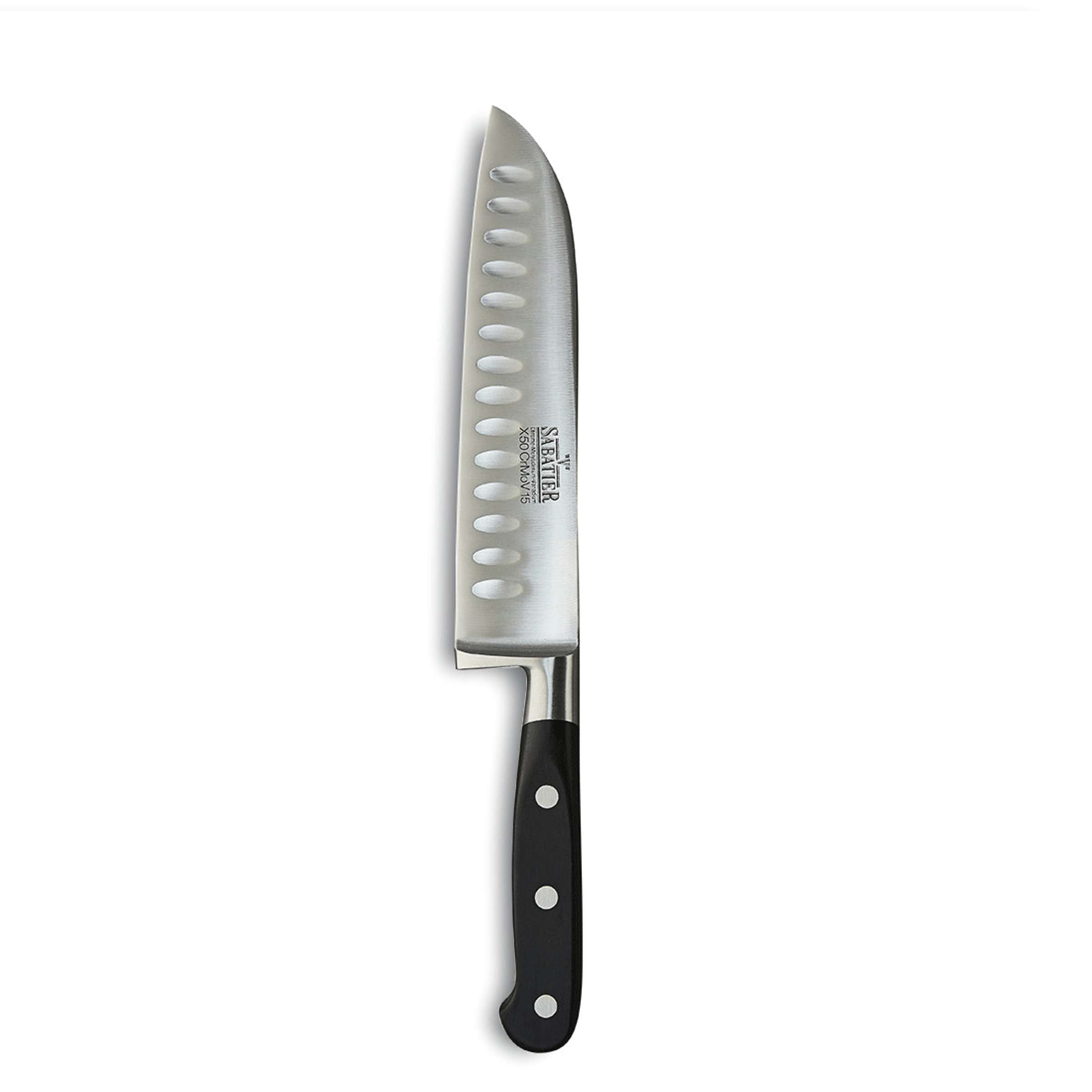 Schmidt V SABATIER Santokumesser von Richardson Sheffield, scharfes Küchenmesser mit schwarzem Griff und Edelstahlklinge.