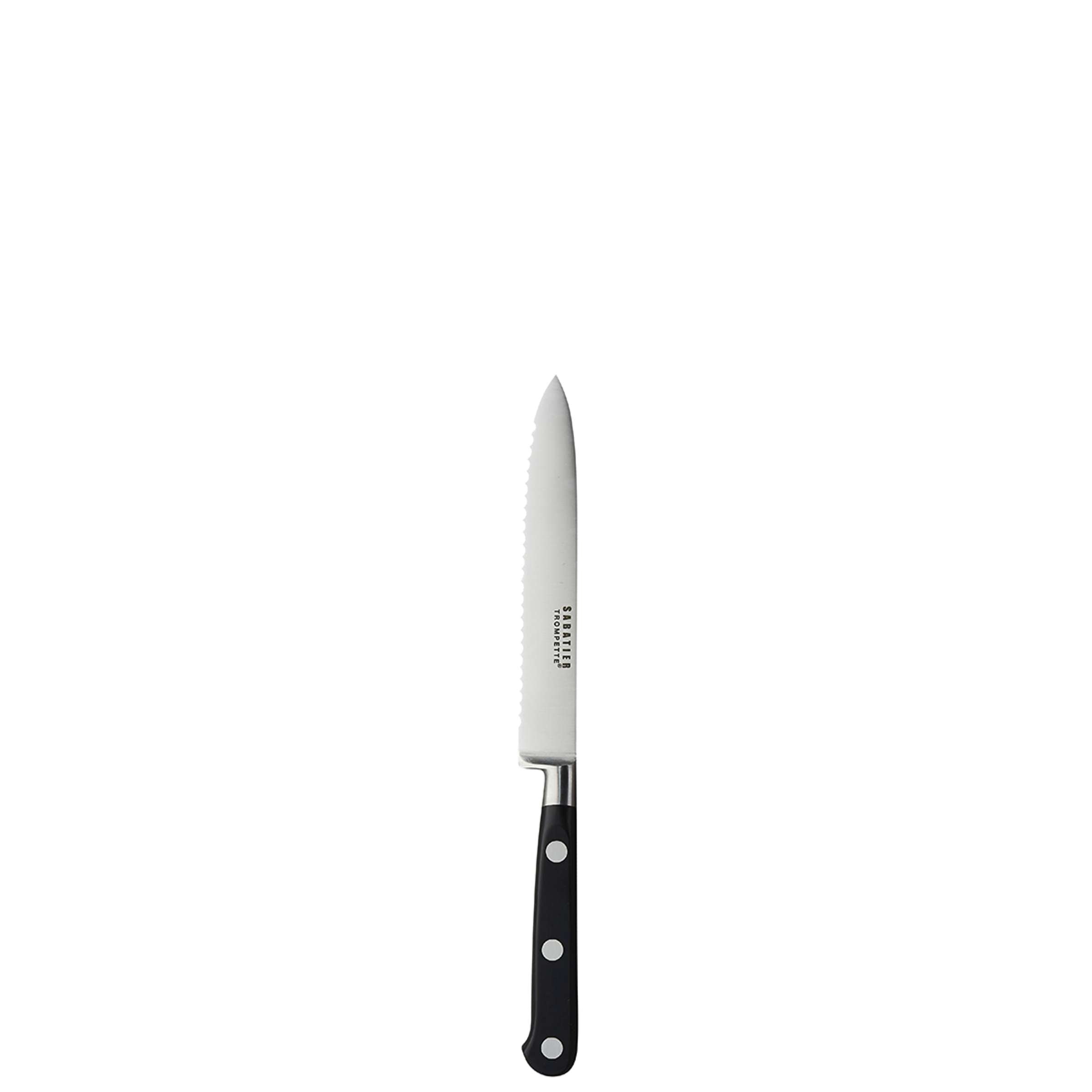 Richardson Sheffield Sabatier Trompette Messerblock mit 9 Messern, aus Holz gefertigt, zeigt die Messer im Messerblock.