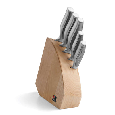 SENSE Messerblock 5-teilig aus Richardson Sheffield, mit schwarzen Kunststofffächern und Edelstahl-Messern im Messerblock.